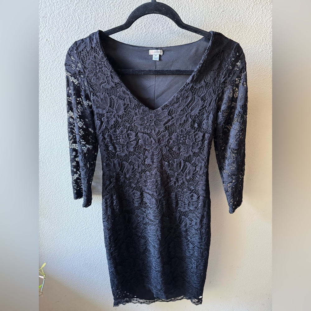 Guess Black Floral Lace Long Sleeve Dress